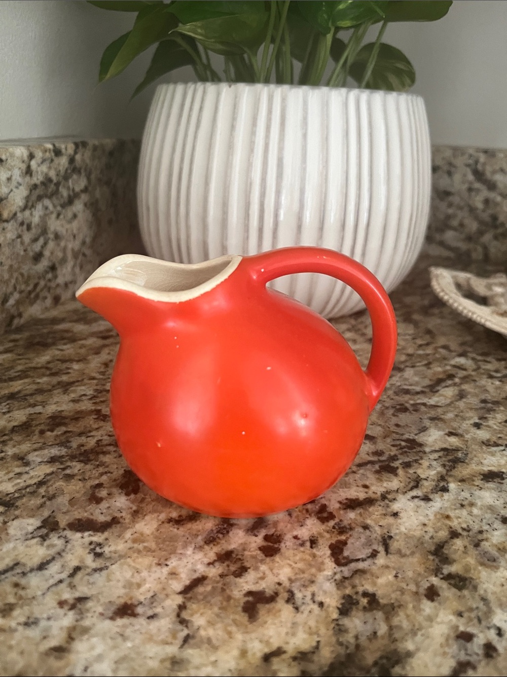 Vintage Hall Bright Orange/Red Ceramic Pitcher with Cream Interior